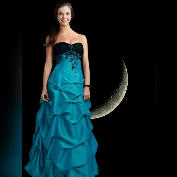 Onyx Nite Teal Strapless Ruffle Gown - Picture 1 of 9